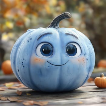 Blue cartoon smiling pumpkin with eyes on a blurred background. Selective focus.