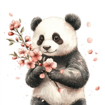 cute panda holding branch of pink flowers, surrounded by petals, exuding joyful and playful vibe. This charming scene captures essence of nature beauty.