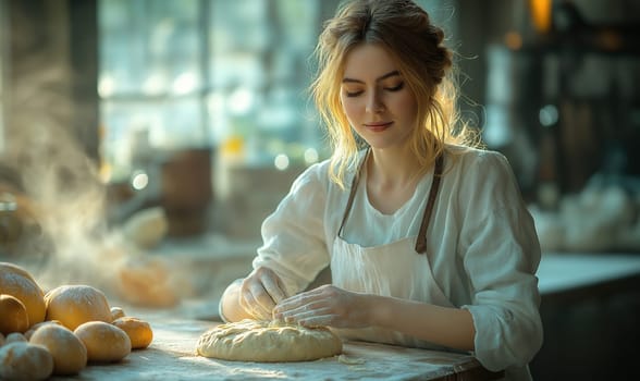 Female baker shaping dough on work table early in the morning. Selective focus.