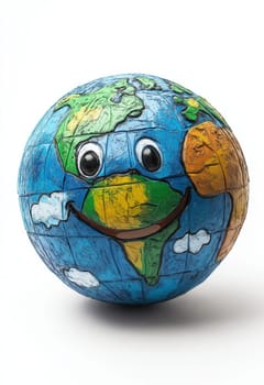Cartoon smiling globe on white background. Selective focus.