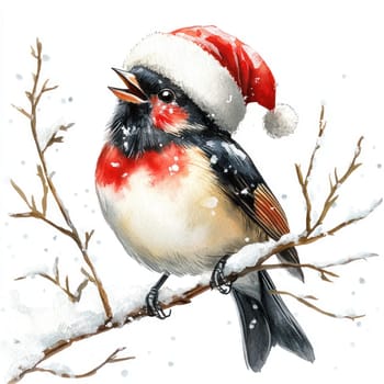 cheerful bird wearing Santa hat sings joyfully on snowy branch, embodying festive spirit of winter. Its vibrant colors and playful demeanor bring warmth to cold season.
