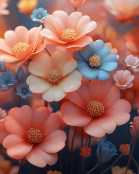 3d cartoon bouquet of flowers on a colored background. Selective focus.