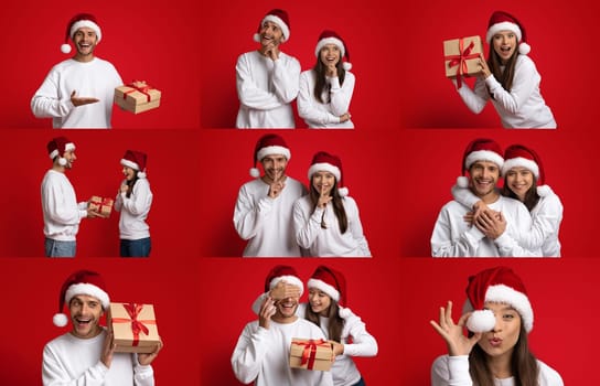 A cheerful couple dressed in Christmas attire is celebrating the holiday season together. They are exchanging gifts and enjoying each other's company in a vibrant and festive atmosphere.