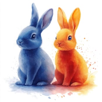 Playful watercolor rabbits in vibrant blue and orange colors, showcasing their adorable features and lively expressions, perfect for cheerful decor or children art.