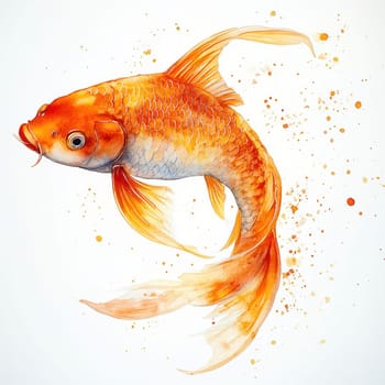 vibrant golden koi fish swims gracefully, showcasing its shimmering scales and flowing fins, surrounded by splashes of color that evoke sense of tranquility and luck.