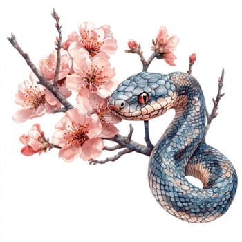 chubby snake entwined around branch with pink blossoms, showcasing blend of nature beauty and wildlife. snake scales are detailed, adding to vibrant scene.