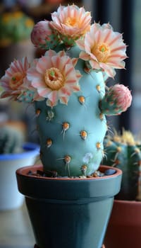 Blooming cactus in pot on blurred background.Selective focus.