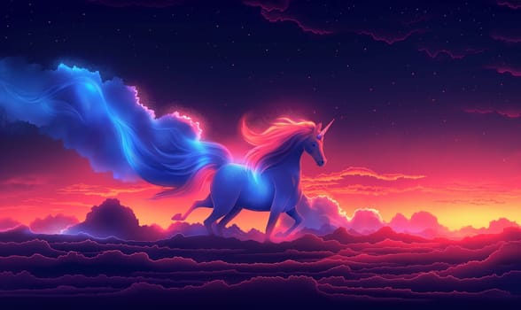 Illustration of white unicorn on clouds background. Selective focus.