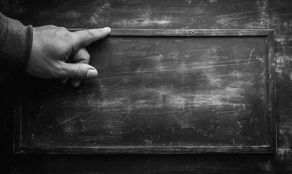 A hand touching a textured dark surface. Selective focus.