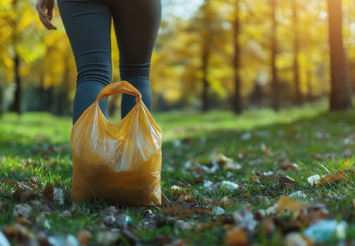 Collecting plastic waste into a recycling bag, in a park. Selective focus.