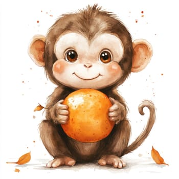 playful monkey holds bright orange, exuding joy and curiosity. This charming character is surrounded by soft colors and gentle details, perfect for children themes.