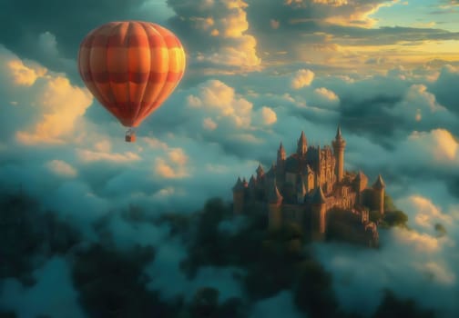 A hot air balloon flies over a majestic castle. Selective focus.