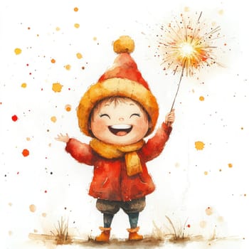 joyful child in red winter coat and hat holds sparkler, surrounded by colorful splashes. scene captures essence of celebration and happiness.