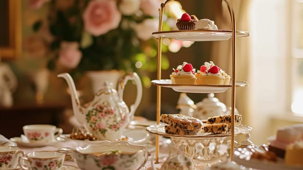 Elegant table setting for tea party with cakes and cupcakes in English manor. Selective focus. Vintage style