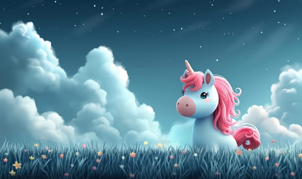 Illustration of white unicorn on clouds background. Selective focus.