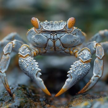 A funny silver crab on an abstract background. Selective focus.
