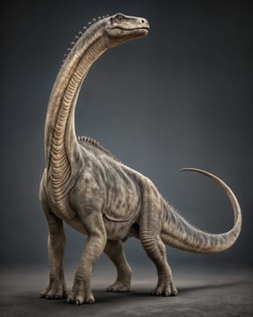 A long-necked dinosaur with a massive body, standing on a gray background. AI generated