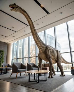 Tall sauropod dinosaur standing indoors, long neck, modern building interior, sunlight. AI generated
