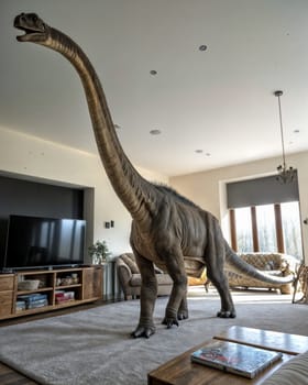 Tall sauropod dinosaur standing indoors, long neck, modern building interior, sunlight. AI generated