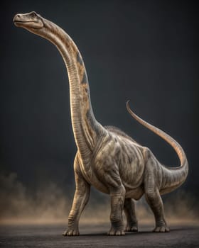 A long-necked dinosaur with a massive body, standing on a gray background. AI generated
