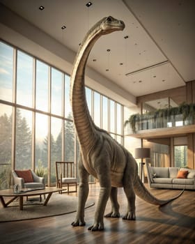 Tall sauropod dinosaur standing indoors, long neck, modern building interior, sunlight. AI generated