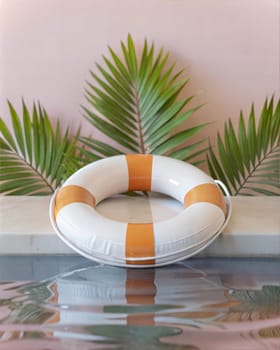 Lifebuoy in swimming pool among palm leaves. White and orange inflatable ring in the pool. Summer rest concept. Ai generated