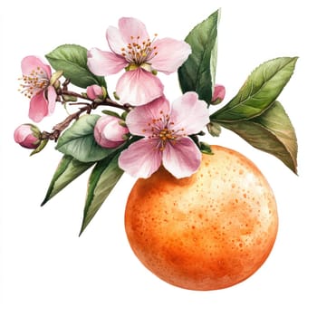 vibrant orange fruit surrounded by delicate pink flowers and green leaves, showcasing beautiful natural composition. This artwork captures essence of freshness and beauty.