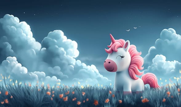 Illustration of white unicorn on clouds background. Selective focus.