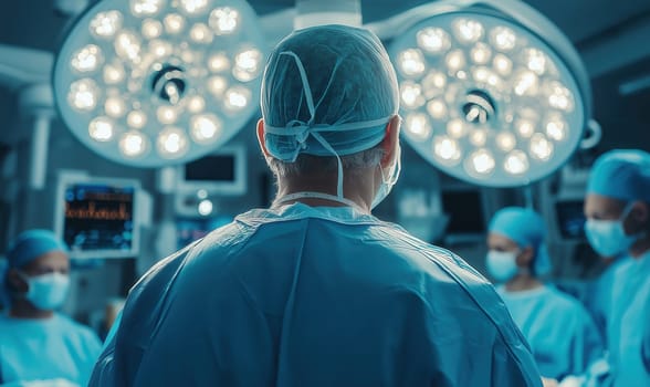 Surgeon in hospital operating room with medical equipment in background, rear view. Selective focus.
