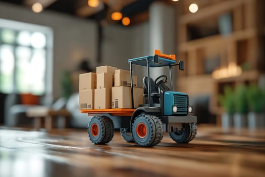 Miniature model of a forklift with cardboard boxes in the back on a wooden surface. Delivery,logistics, transportation. Business background