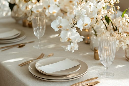 Wedding table setting with white orchids, white dishes and glasses close-up. Wedding evening concept.