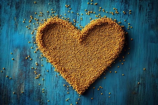 The heart shape is made from yellow cereal on a blue wooden background.