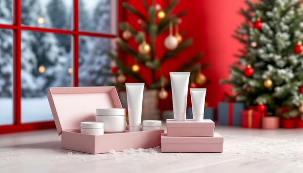 Photo of cosmetic containers on gift boxes next to a Christmas tree on a red and white background.