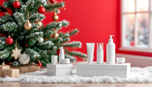 Photo of cosmetic containers on gift boxes next to a Christmas tree on a red and white background.
