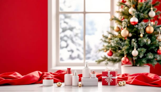 Photo of cosmetic containers on gift boxes next to a Christmas tree on a red and white background.
