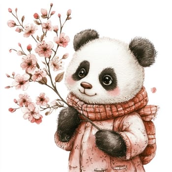 Cute panda holding branch of pink flowers, wearing cozy scarf and backpack. This charming scene evokes sense of warmth and joy.