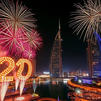Dubai fireworks night holiday New Year hotel famous building place . High quality illustration
