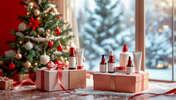 Photo of cosmetic containers on gift boxes next to a Christmas tree on a red and white background.