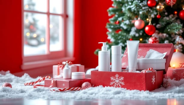 Photo of cosmetic containers on gift boxes next to a Christmas tree on a red and white background.