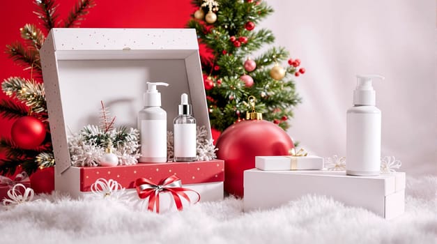 Photo of cosmetic containers on gift boxes next to a Christmas tree on a red and white background.