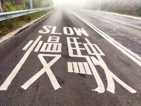 A slow sign is clearly visible on a winding road shrouded in fog, indicating caution for drivers early in the day.