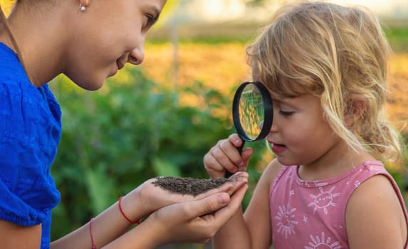 A child looks at the soil through a magnifying glass. Selective focus. Kid.