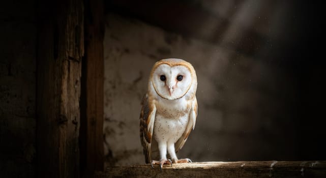 Barn owl perched on a wooden beam inside a rustic barn. a beam of sunlight highlights its distinctive face and plumage, creating a serene and mystical atmosphere. dust particles float gently in the light, adding to the scene's ethereal quality.