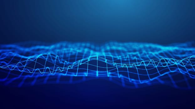 This image features a glowing blue grid wave spreading across the frame, forming an abstract and modern technological design. The wave showcases intricate lines and curves that appear to move dynamically, representing energy and data flow. The dark blue gradient background contrasts sharply with the bright luminous grid, adding a sense of depth and focus to the composition.