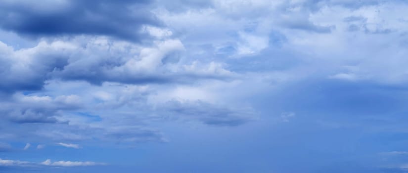 blue sky with blue rainy clouds on the background. Panorama of the sky