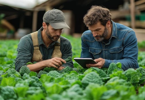 Farmers inspecting tobacco leaves with digital tablet. Selective focus.