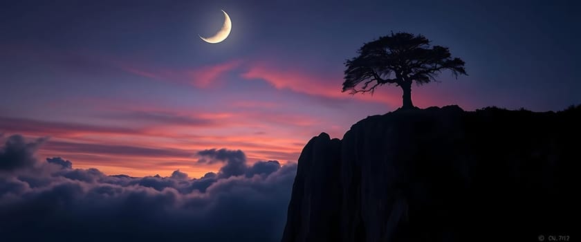 A lone tree stands atop a rugged cliff, silhouetted against a twilight sky painted in hues of pink and purple. A crescent moon hangs delicately above, as wisps of clouds drift below, creating a serene and mystical atmosphere.