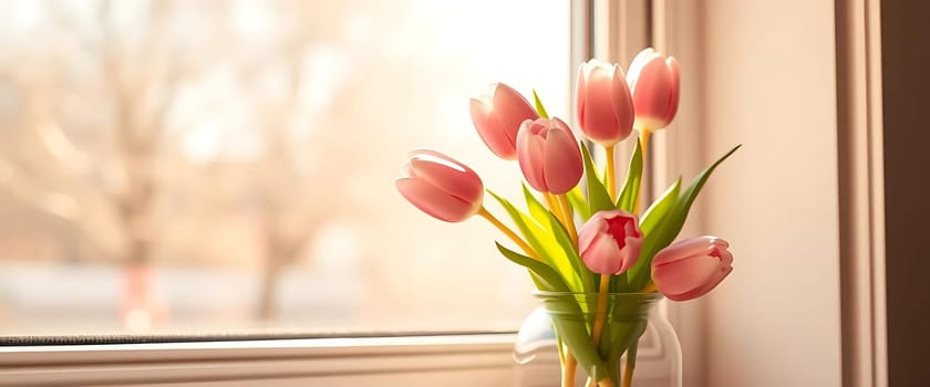 A vase of delicate pink tulips graces a windowsill, basking in the soft, warm sunlight filtering through the glass. The serene setting exudes a sense of calm and renewal, with the blurred outdoor scene hinting at a peaceful day.