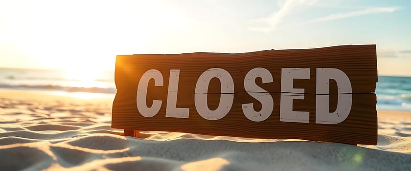 A rustic wooden sign boldly declaring CLOSED stands on a serene beach at sunset. The golden light casts long shadows, emphasizing the tranquility and isolation of the scene. The calm ocean waves gently lap against the shore, creating a peaceful yet poignant atmosphere.