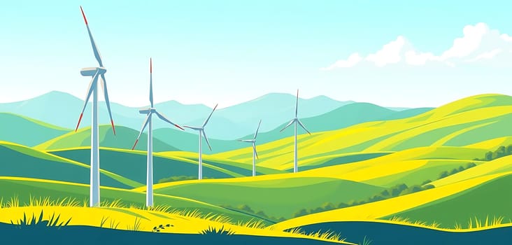 In a serene, rolling landscape, modern wind turbines gracefully harness the breeze. The vibrant green hills and distant mountains create a tranquil backdrop, emphasizing the harmony between nature and renewable energy.